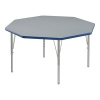 Correll Deluxe 48" Octagon Gray Granite 19"-29" Adjustable Height High-Pressure Laminate Top Activity Table with Silver Legs and Blue T-Mold
