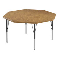 Correll Deluxe 48" Octagon Medium Oak 19"-29" Adjustable Height High-Pressure Laminate Top Activity Table with Black Legs and Medium Oak T-Mold