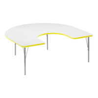 Correll 60" x 66" Horseshoe White 19"-29" Adjustable Height High-Pressure Dry Erase Board Top Activity Table with Silver Legs and Yellow T-Mold