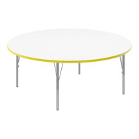 Correll 60" Round White 19"-29" Adjustable Height High-Pressure Dry Erase Board Top Activity Table with Silver Legs and Yellow T-Mold