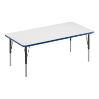 Correll 30" x 48" Rectangular White 19"-29" Adjustable Height High-Pressure Dry Erase Board Top Activity Table with Black Legs and Blue T-Mold