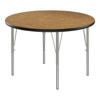 Correll Deluxe 42" Round Medium Oak 19"-29" Adjustable Height High-Pressure Laminate Top Activity Table with Silver Legs and Black T-Mold