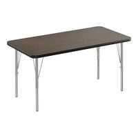 Correll EconoLine 30" x 60" Rectangular Walnut 19"-29" Adjustable Height Melamine Top Activity Table with Silver Legs and Black T-Mold