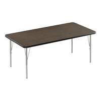Correll Deluxe 30" x 72" Rectangular Walnut 19"-29" Adjustable Height High-Pressure Laminate Top Activity Table with Silver Legs and Black T-Mold