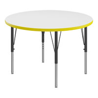 Correll Round White 19"-29" Adjustable Height High-Pressure Dry Erase Board Top Activity Table with Black Legs and Yellow T-Mold