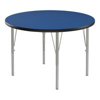 Correll Deluxe 42" Round Blue 19"-29" Adjustable Height High-Pressure Laminate Top Activity Table with Silver Legs and Black T-Mold