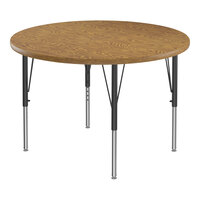 Correll Deluxe Round Medium Oak 19"-29" Adjustable Height High-Pressure Laminate Top Activity Table with Black Legs and Medium Oak T-Mold