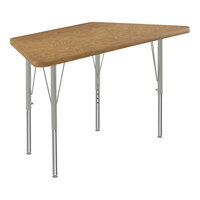 Correll Deluxe Trapezoid Medium Oak 19"-29" Adjustable Height High-Pressure Laminate Top Activity Table with Silver Legs and Medium Oak T-Mold