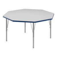 Correll 48" Octagon White 19"-29" Adjustable Height High-Pressure Dry Erase Board Top Activity Table with Silver Legs and Blue T-Mold