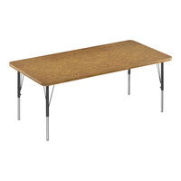 Correll Deluxe 30" x 72" Rectangular Medium Oak 19"-29" Adjustable Height High-Pressure Laminate Top Activity Table with Black Legs and Medium Oak T-Mold