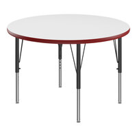 Correll Round White 19"-29" Adjustable Height High-Pressure Dry Erase Board Top Activity Table with Black Legs and Red T-Mold
