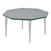 Correll Deluxe 48" Octagon Gray Granite 19"-29" Adjustable Height High-Pressure Laminate Top Activity Table with Silver Legs and Green T-Mold
