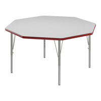 Correll 48" Octagon White 19"-29" Adjustable Height High-Pressure Dry Erase Board Top Activity Table with Silver Legs and Red T-Mold