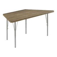 Correll Deluxe 30" x 60" Trapezoid Colonial Hickory 19"-29" Adjustable Height High-Pressure Laminate Top Activity Table with Silver Legs and Hickory T-Mold