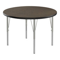 Correll Deluxe 42" Round Walnut 19"-29" Adjustable Height High-Pressure Laminate Top Activity Table with Silver Legs and Black T-Mold