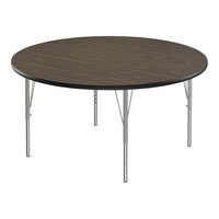 Correll Deluxe 48" Round Walnut 19"-29" Adjustable Height High-Pressure Laminate Top Activity Table with Silver Legs and Black T-Mold