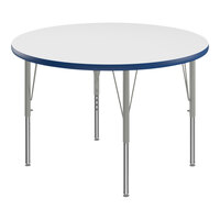 Correll Round White 19"-29" Adjustable Height High-Pressure Dry Erase Board Top Activity Table with Silver Legs and Blue T-Mold