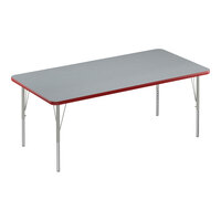 Correll Deluxe 30" x 72" Rectangular Gray Granite 19"-29" Adjustable Height High-Pressure Laminate Top Activity Table with Silver Legs and Red T-Mold