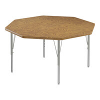 Correll Deluxe 48" Octagon Medium Oak 19"-29" Adjustable Height High-Pressure Laminate Top Activity Table with Silver Legs and Medium Oak T-Mold