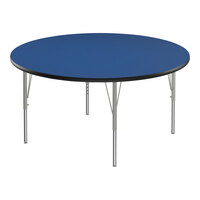 Correll Deluxe 60" Round Blue 19"-29" Adjustable Height High-Pressure Laminate Top Activity Table with Silver Legs and Black T-Mold