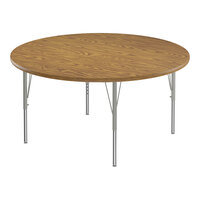 Correll Deluxe 48" Round Medium Oak 19"-29" Adjustable Height High-Pressure Laminate Top Activity Table with Silver Legs and Medium Oak T-Mold