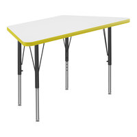 Correll Trapezoid White 19"-29" Adjustable Height High-Pressure Dry Erase Board Top Activity Table with Black Legs and Yellow T-Mold