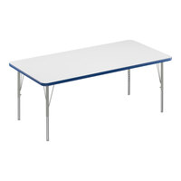 Correll 30" x 72" Rectangular White 19"-29" Adjustable Height High-Pressure Dry Erase Board Top Activity Table with Silver Legs and Blue T-Mold