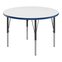 Correll Round White 19"-29" Adjustable Height High-Pressure Dry Erase Board Top Activity Table with Black Legs and Blue T-Mold