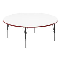 Correll 60" Round White 19"-29" Adjustable Height High-Pressure Dry Erase Board Top Activity Table with Black Legs and Red T-Mold