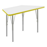 Correll Trapezoid White 19"-29" Adjustable Height High-Pressure Dry Erase Board Top Activity Table with Silver Legs and Yellow T-Mold
