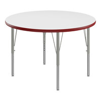 Correll Round White 19"-29" Adjustable Height High-Pressure Dry Erase Board Top Activity Table with Silver Legs and Red T-Mold