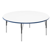 Correll 60" Round White 19"-29" Adjustable Height High-Pressure Dry Erase Board Top Activity Table with Black Legs and Blue T-Mold