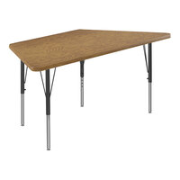 Correll Deluxe 30" x 60" Trapezoid Medium Oak 19"-29" Adjustable Height High-Pressure Laminate Top Activity Table with Black Legs and Medium Oak T-Mold