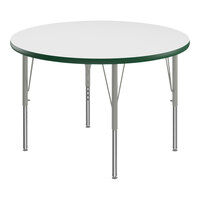 Correll Round White 19"-29" Adjustable Height High-Pressure Dry Erase Board Top Activity Table with Silver Legs and Green T-Mold