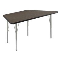 Correll Deluxe 30" x 60" Trapezoid Walnut 19"-29" Adjustable Height High-Pressure Laminate Top Activity Table with Silver Legs and Black T-Mold