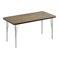 Correll Deluxe 24" x 60" Rectangular Colonial Hickory 19"-29" Adjustable Height High-Pressure Laminate Top Activity Table with Silver Legs and Black T-Mold