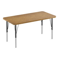 Correll Deluxe 24" x 60" Rectangular Medium Oak 19"-29" Adjustable Height High-Pressure Laminate Top Activity Table with Black Legs and Medium Oak T-Mold