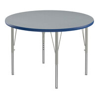Correll Round Gray Granite 19"-29" Adjustable Height Thermal-Fused Laminate Top Activity Table with Silver Legs and Blue T-Mold