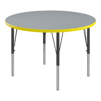 Correll Round Gray Granite 19"-29" Adjustable Height Thermal-Fused Laminate Top Activity Table with Black Legs and Yellow T-Mold