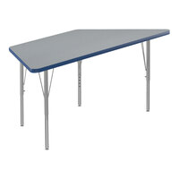 Correll 26" x 58" Trapezoid Gray Granite 19"-29" Adjustable Height Thermal-Fused Laminate Top Activity Table with Silver Legs and Blue T-Mold