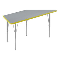 Correll 26" x 58" Trapezoid Gray Granite 19"-29" Adjustable Height Thermal-Fused Laminate Top Activity Table with Silver Legs and Yellow T-Mold