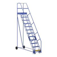 Vestil 12-Step Steel Rolling Warehouse Ladder with 23 9/16" Wide Grip Strut 58-Degree Angled Steps and 21" Deep Top Step LAD-12-21-G