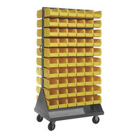 Quantum 36" x 25" x 72" Gray Steel Mobile Double-Sided Louvered Rack with (120) 10 7/8" x 5 1/2" x 5" Yellow Bins QMD-36H-230YL