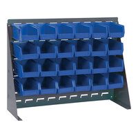 Quantum 27 3/4" x 8" x 21" Gray Steel Bench Rack with (24) 5 3/8" x 4 1/8" x 3" Blue Bins QBR-2721-210-24BL