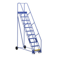 Vestil 11-Step Steel Rolling Warehouse Ladder with 23 9/16" Wide Perforated 58-Degree Angled Steps and 14" Deep Top Step LAD-11-14-P