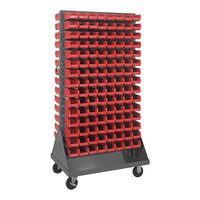 Quantum 36" x 25" x 72" Gray Steel Mobile Double-Sided Louvered Rack with (240) 7 3/8" x 4 1/8" x 3" Red Bins QMD-36H-220RD