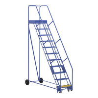 Vestil 11-Step Steel Rolling Warehouse Ladder with 23 9/16" Wide Perforated 58-Degree Angled Steps and 21" Deep Top Step LAD-11-21-P