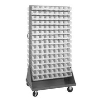 Quantum 36" x 25" x 72" Gray Steel Mobile Double-Sided Louvered Rack with (240) 7 3/8" x 4 1/8" x 3" Clear Bins QMD-36H-220CL