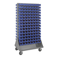 Quantum 36" x 25" x 72" Gray Steel Mobile Double-Sided Louvered Rack with (240) 7 3/8" x 4 1/8" x 3" Blue Bins QMD-36H-220BL