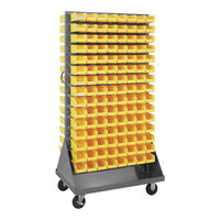 Quantum 36" x 25" x 72" Gray Steel Mobile Double-Sided Louvered Rack with (240) 7 3/8" x 4 1/8" x 3" Yellow Bins QMD-36H-220YL